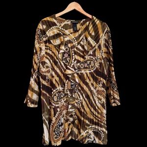 Lane Bryant Brown Gold Metallic Paisley  Ruffle Collar Placket Blouse 22/24 #139